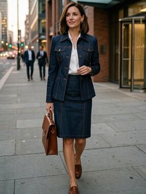 Les Copains 2 Piece Suit Womens Size 4/6 Blue Blazer Skirt Denim Design